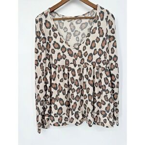 Leopard Print Babydoll Top V Neck Long Sleeve Flowy Boho Tunic Blouse XL